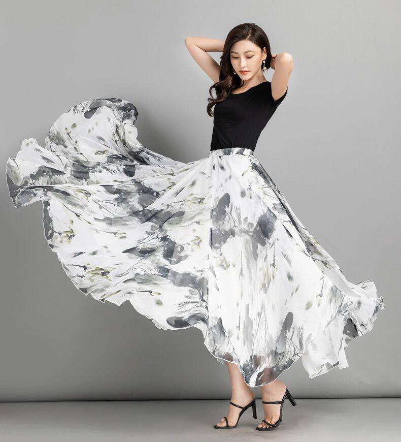 夏新款720度a字裙雪纺半身裙大码大摆长裙多巴胺广场舞裙拖地薄裙