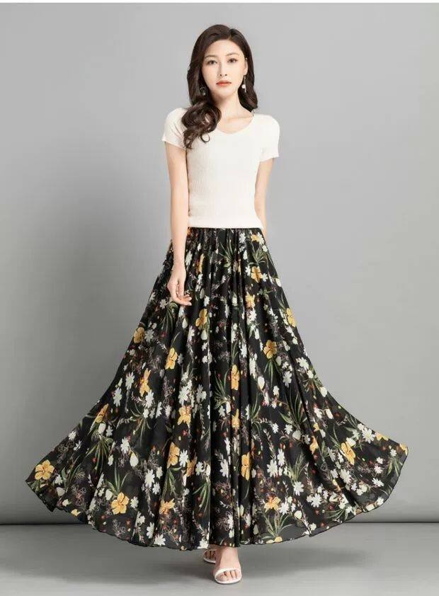 2024夏新款720度a字雪纺半身裙大码大摆长裙多巴胺广场舞裙拖地裙