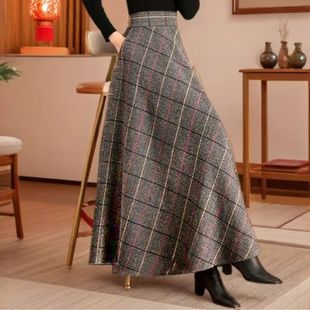 安可拉红新款秋冬花色半身裙垂坠感显瘦长裙a字高腰长款毛呢伞裙