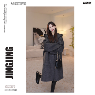 【格雷灰】 2025年冬新款羊毛大衣时尚显瘦中长款连帽外套28D218