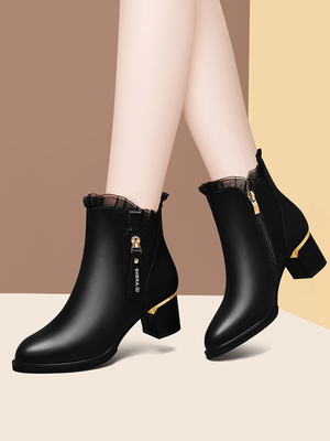 短靴女秋冬季真皮鞋子女新款2025爆款中跟高跟粗跟皮鞋时尚瘦瘦靴