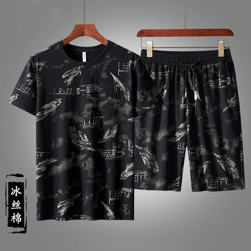 夏季冰丝短袖t恤运动服套装男中青年跑步速干休闲五分短裤两件套