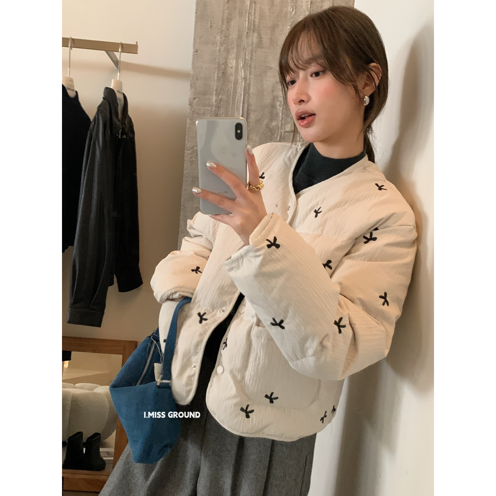 IMISS 韩标法式miu系复古蝴蝶结保暖羽绒服外套H10359