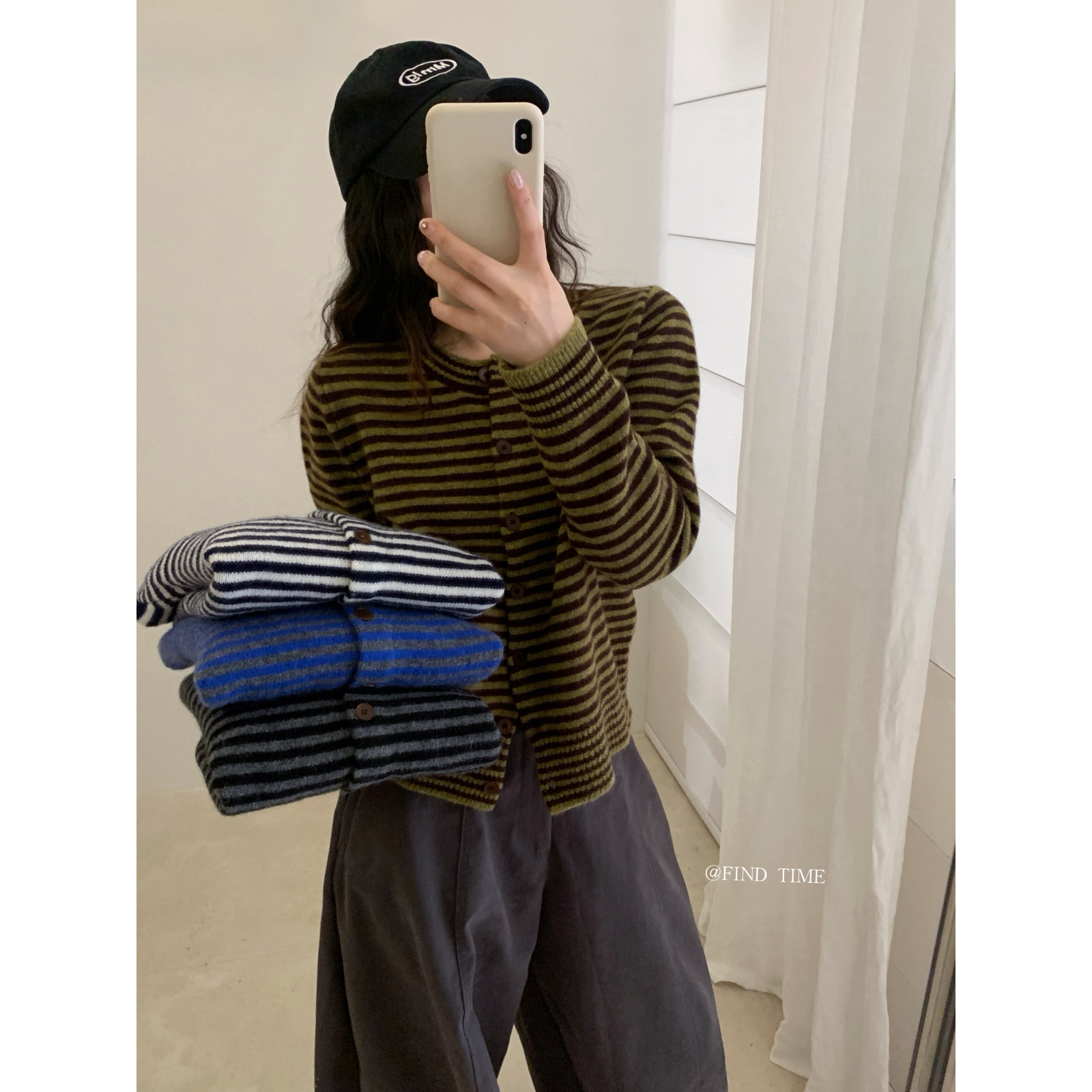 Find Time-全毛圆领撞色条纹纽扣针织开衫（含100绵羊毛）L60905