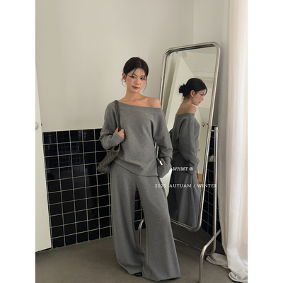 RS.WHMT-新韩系松弛感斜肩一字领小衫+阔腿休闲裤两件套套装Q1053