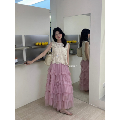 现货 RS.WHMT-韩系镂空蕾丝花边背心+粉色蛋糕裙半身裙套装XL9139