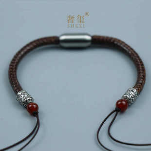 天珠手链编绳半成品可穿珠黄金平安扣转运珠手串黑皮绳男女款绳子