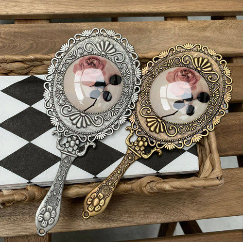 韩国镜子手柄化妆镜随身公主镜复古玫瑰手持便携欧式古铜小镜子