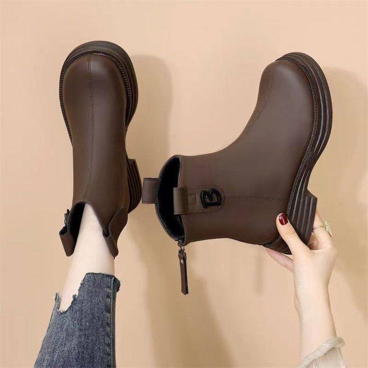 2025冬季切尔西软皮单靴女秋新款英伦风厚底加绒保暖瘦瘦马丁靴女