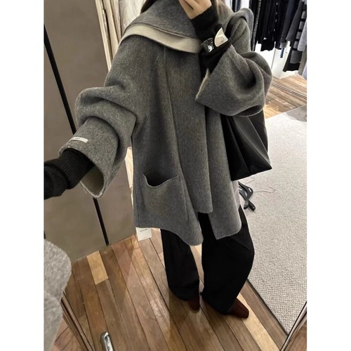 超好看羊毛大衣女设计感撞色带围巾高级感双面绒宽松毛呢外套加厚