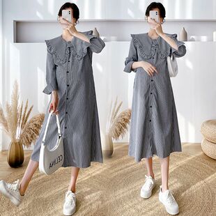 中长款 宽松条纹长袖 孕妇连衣裙可哺乳 春季 孕妇装