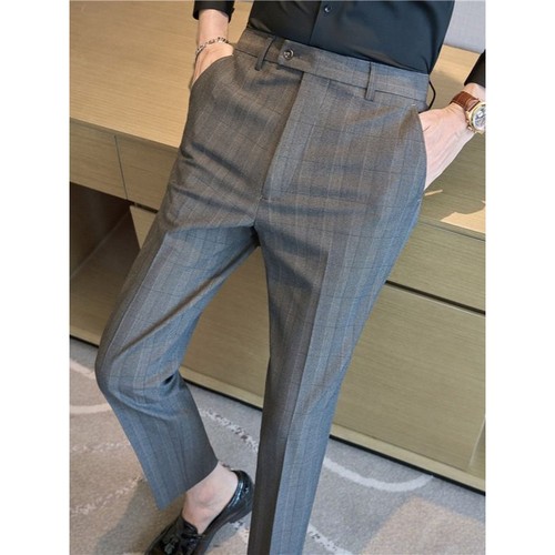 秋冬新品男士高级感暗格西裤修身裤弹力休闲小脚长裤男西装裤