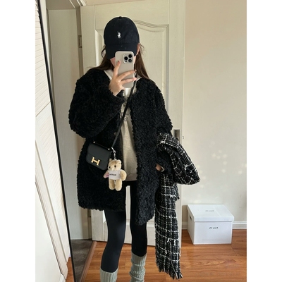 秋冬季新款羊羔毛绒外套女中长款皮毛一体加厚皮草大衣慵懒风