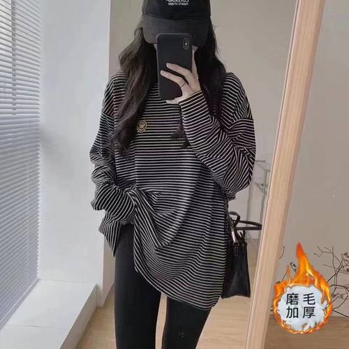 秋冬新款条纹长袖t恤女纯棉内搭中长款磨毛打底衫设计感上衣
