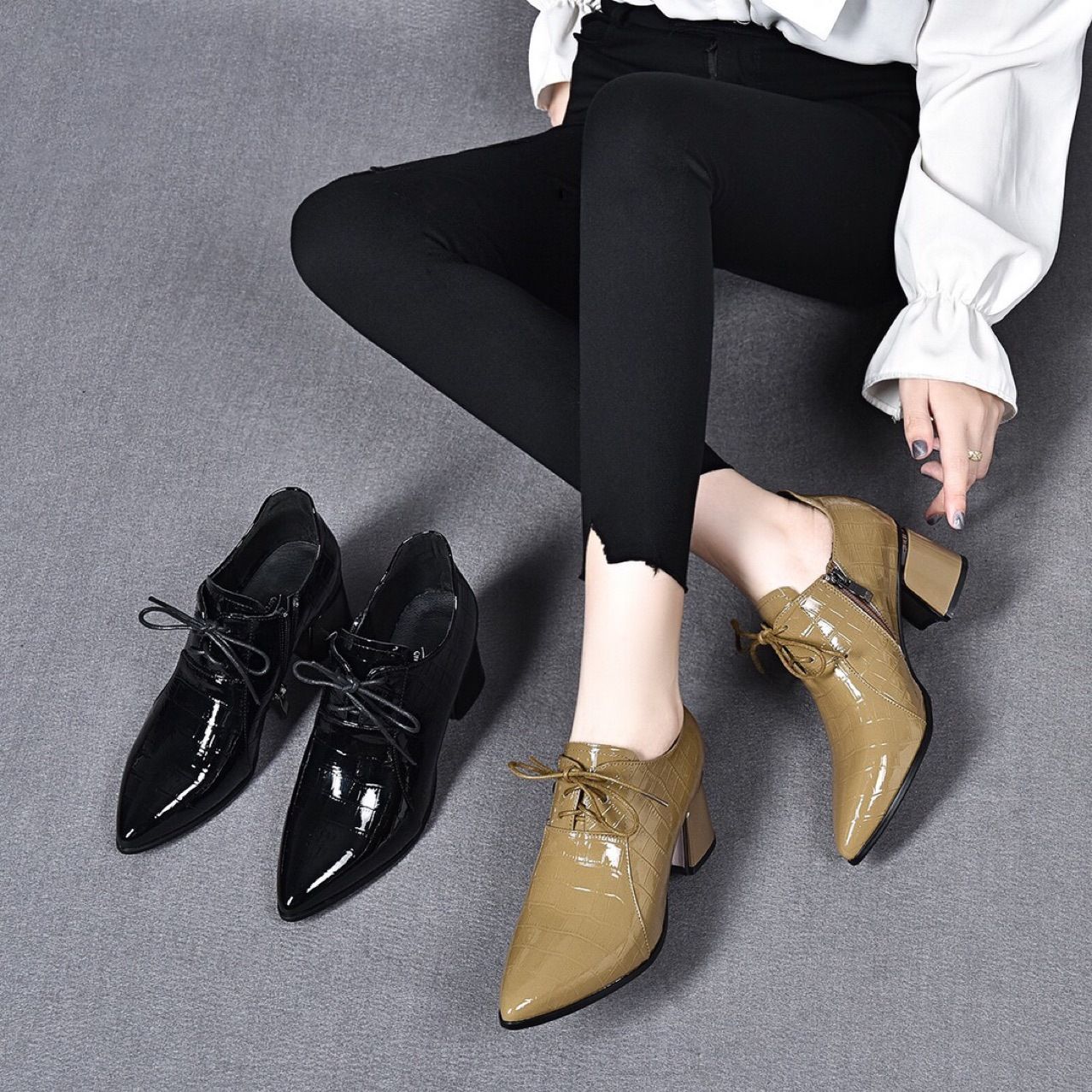 漆皮单鞋女夏中跟年新款真皮小短靴春秋女鞋夏季粗跟小皮鞋冬