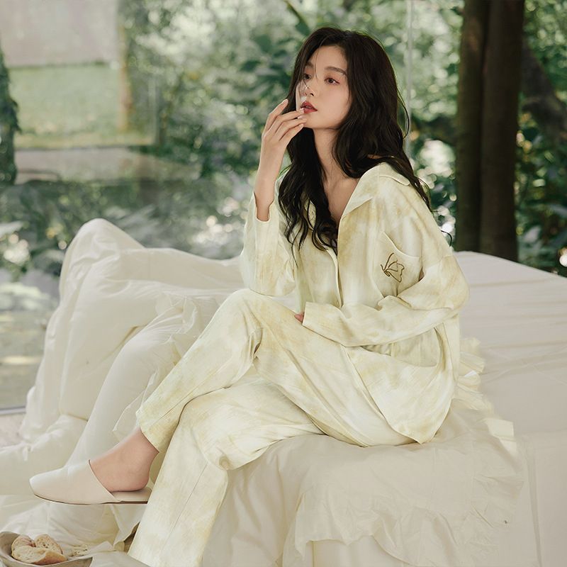 扎染青柠睡衣女春秋款长袖纯棉口袋刺绣印花可外穿家居服套装