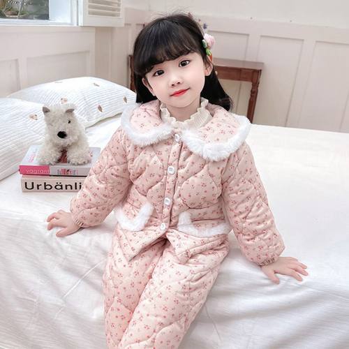 女童三层夹棉睡衣冬季2025新款女宝宝冬款加绒加厚儿童冬装家居服