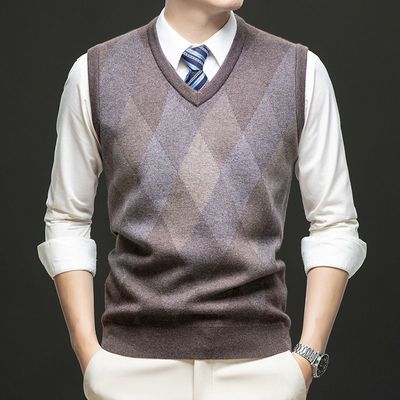 冬季新款男士羊毛背心中年男款无袖针织毛坎肩保暖爸爸衫