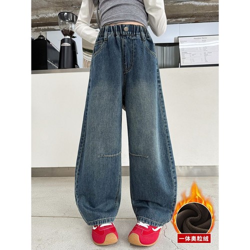 女童一体绒牛仔裤秋冬2025新款儿童加绒加厚裤子女大童冬季弯刀裤