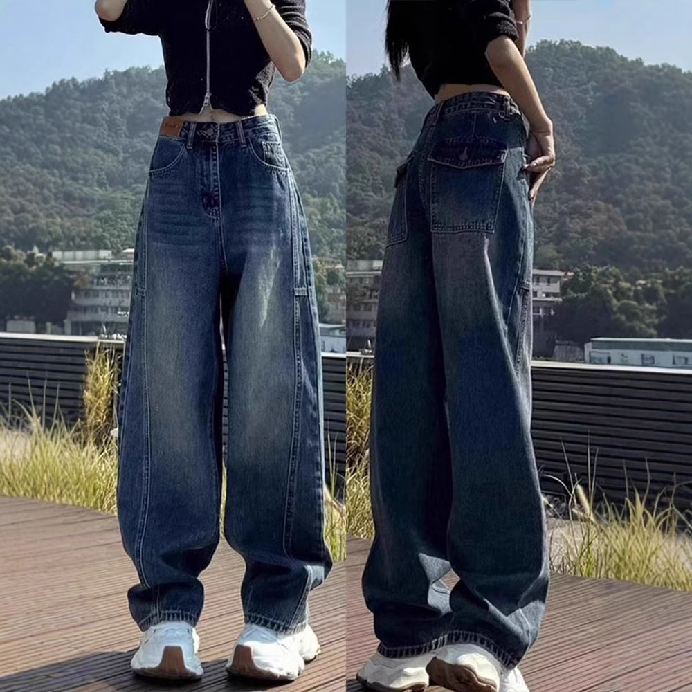 蓝色复古直筒牛仔裤女夏季新款小个子拖地大码宽松弯刀阔腿裤子