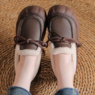 真牛皮冬季保暖休闲鞋子女轻便百搭加绒单鞋小皮鞋松糕厚底乐福鞋