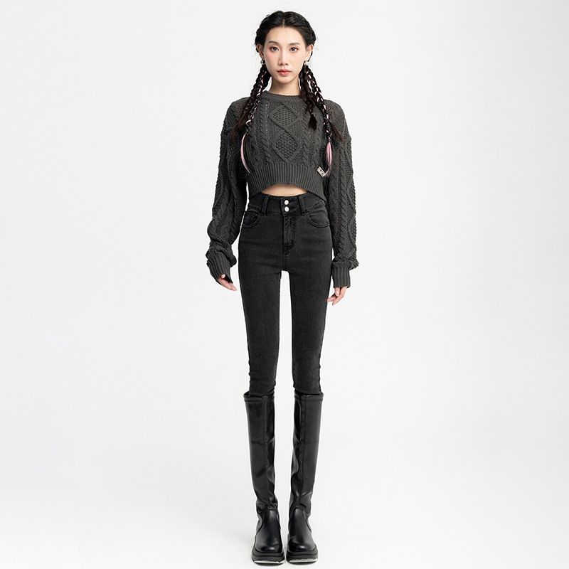 850双扣弹力高腰小脚牛仔裤女秋冬新款紧身裤铅笔牛仔裤显瘦