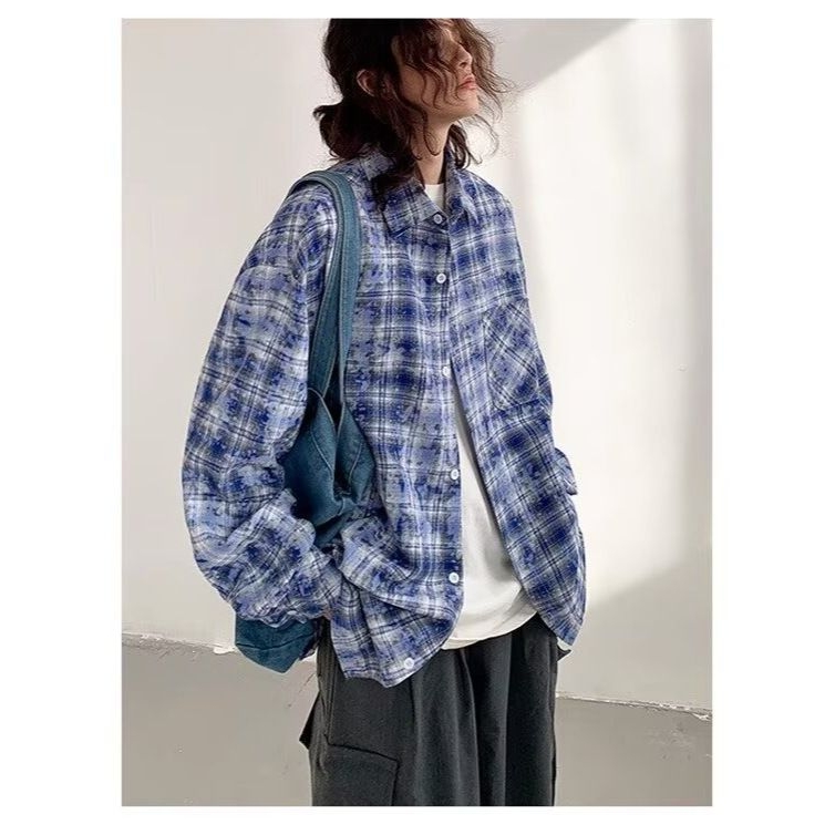 日系韩风格子衬衫春夏季宽松潮流百搭男女款长袖衬衣休闲外套