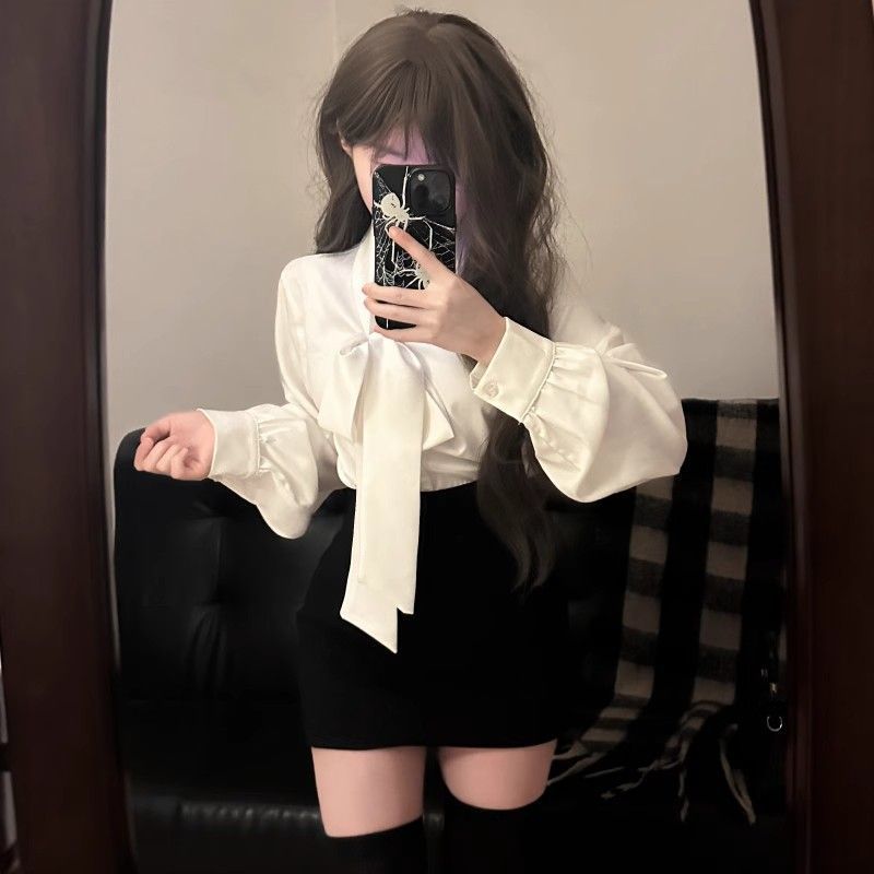 法式香风气质甜美衬衫设计感长袖女春季新蝴蝶结宽松百搭通勤上衣