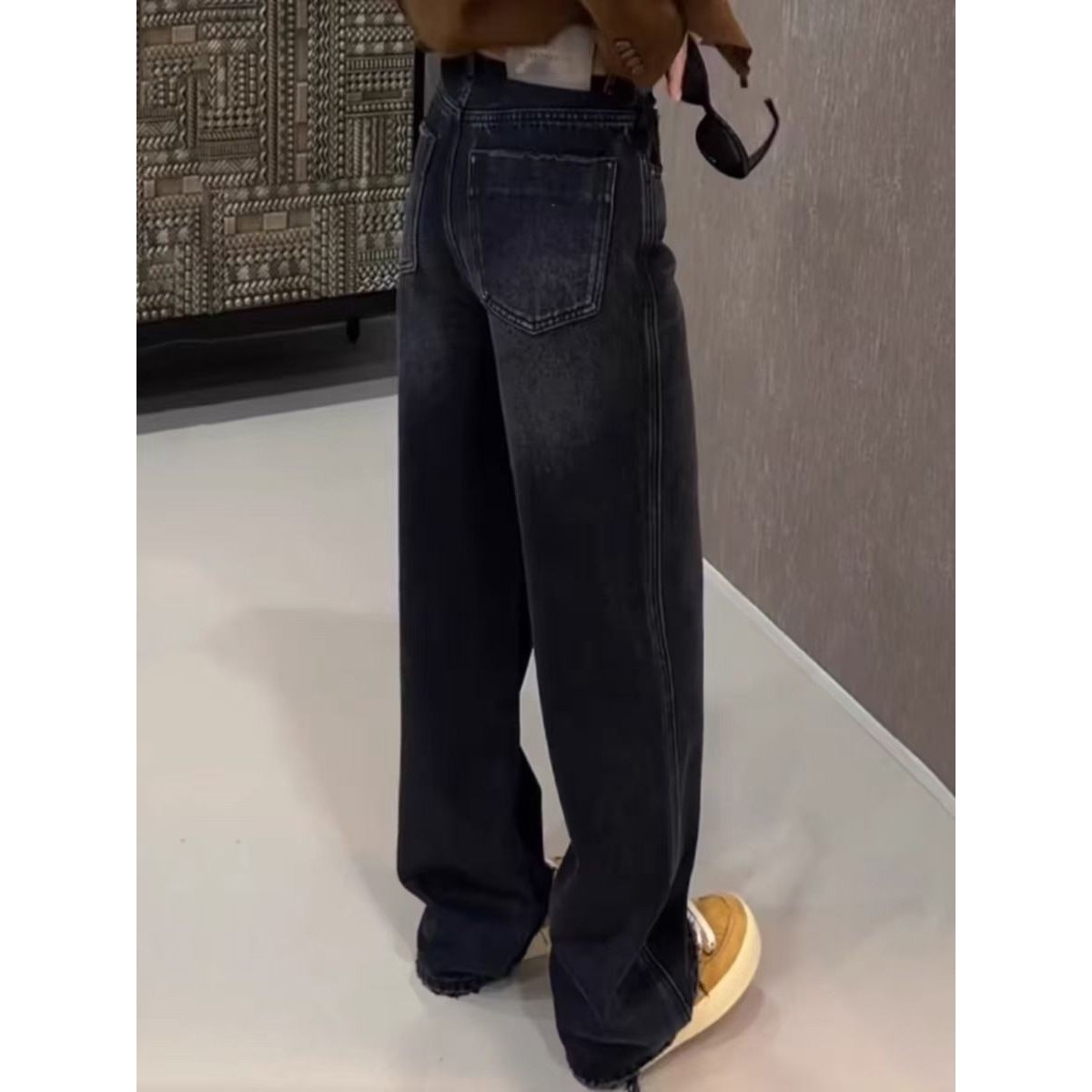 设计感复古黑色牛仔裤女2025年早春新款大码胖MM高腰直筒阔腿长裤