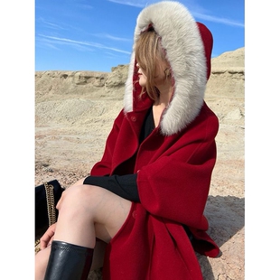 斗篷大衣外套女双面羊绒大衣秋冬高级感狐狸毛领100%羊毛大衣连帽