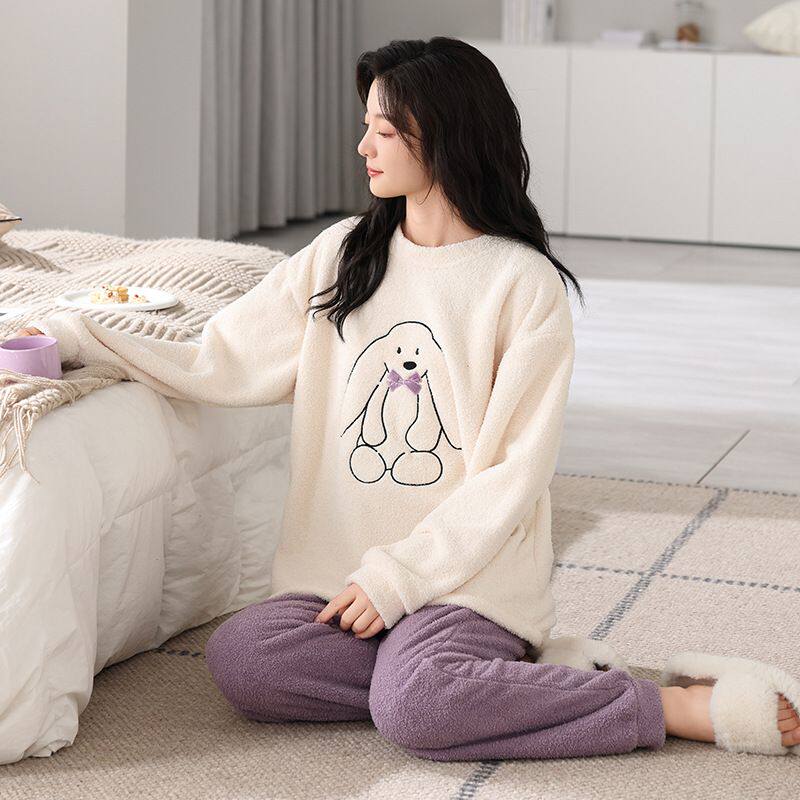 半边绒睡衣女秋冬季甜美可爱加厚加绒保暖珊瑚绒可外穿家居服套装