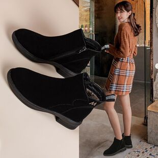 2025秋冬新款头层磨砂皮短靴女平底粗跟切尔西靴加绒尖头大码女鞋