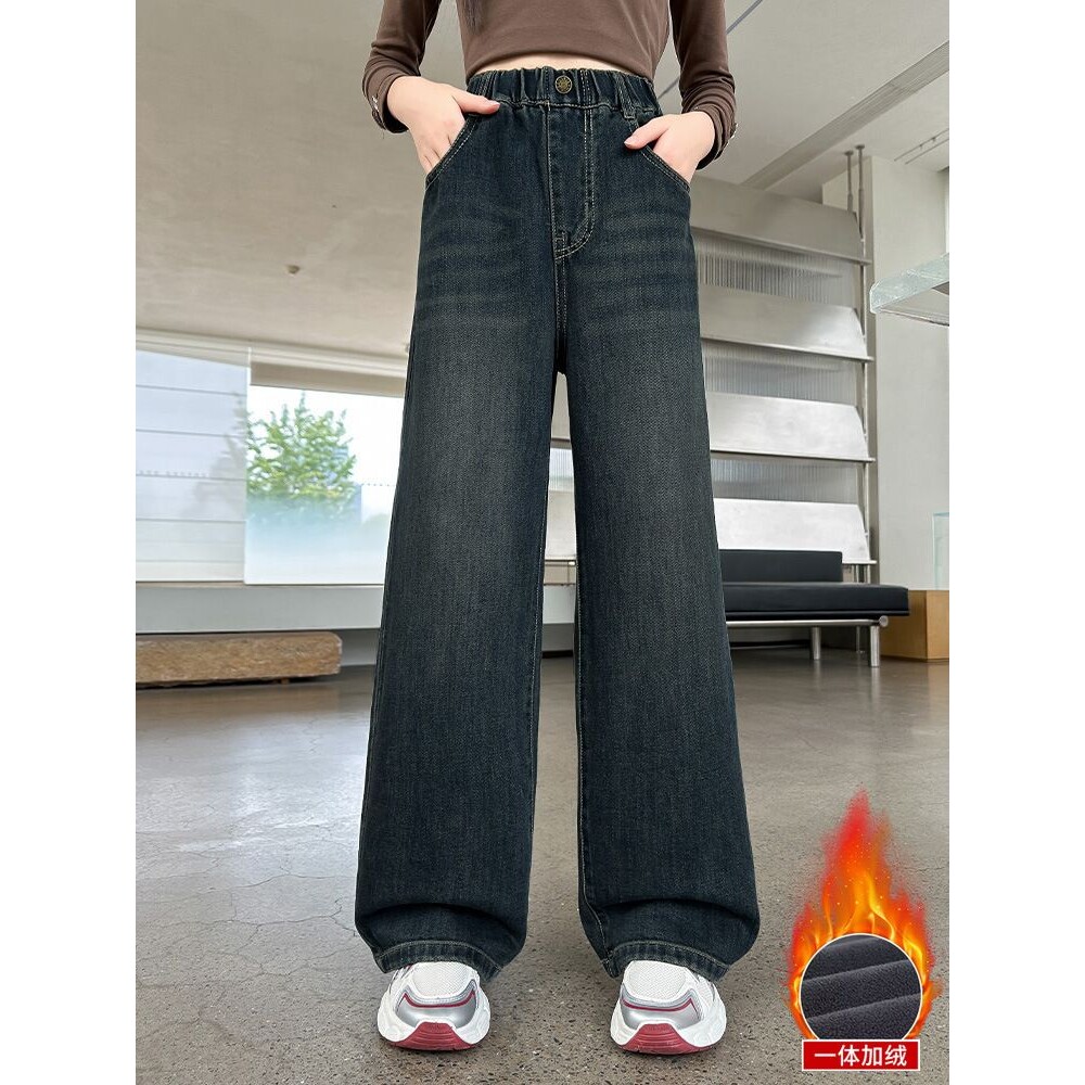 女童加绒牛仔裤秋冬新款冬装大童冬季加厚窄版阔腿儿童长裤子