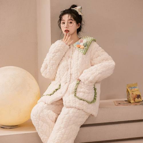 三层加厚夹棉睡衣女冬季珊瑚绒加绒公主风新款秋冬款法兰绒