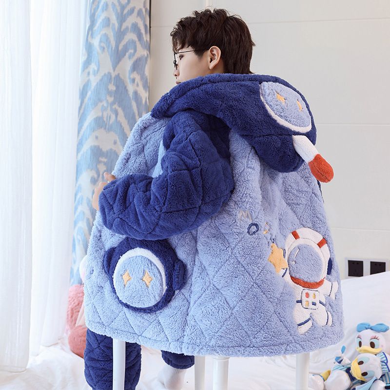 儿童睡衣男女童冬季三层夹棉袄加厚加绒宽松保暖珊瑚绒家居服套装