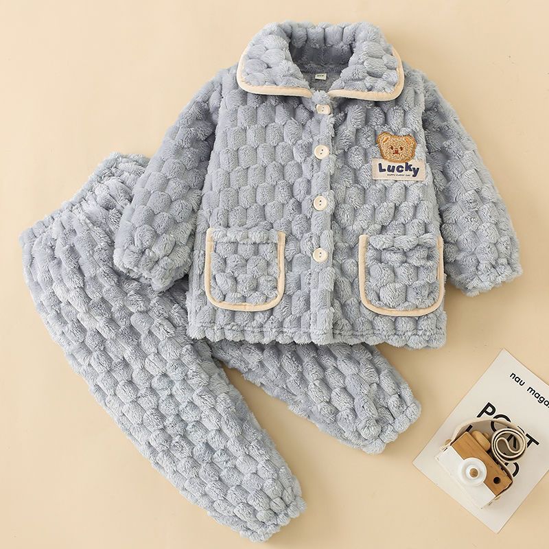 严选儿童法兰绒睡衣男童女童珊瑚绒加绒加厚套装宝宝男孩秋冬季家