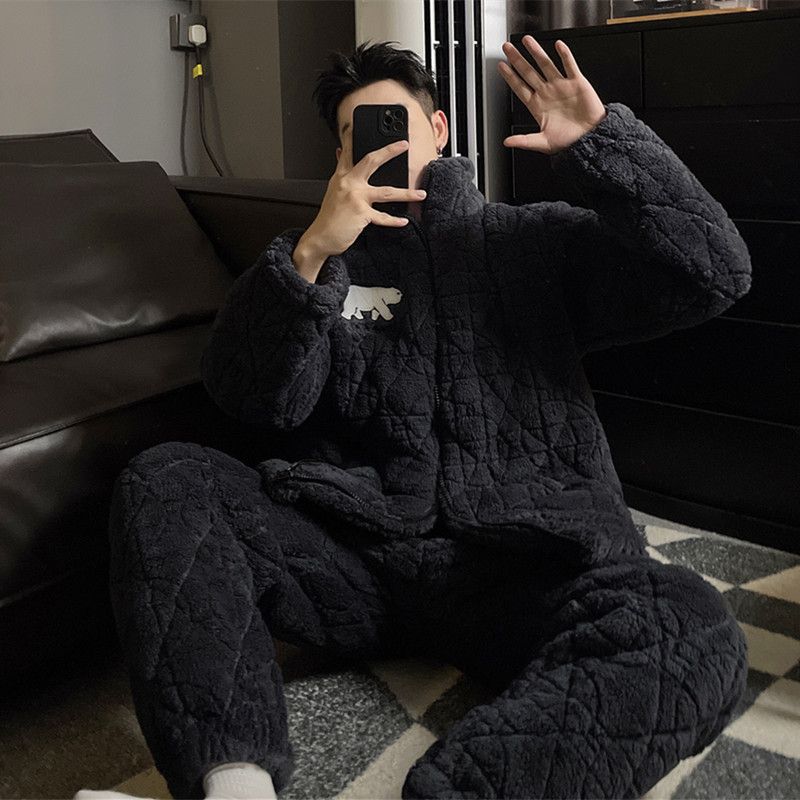 秋冬季男睡衣珊瑚绒加绒加厚直播棉袄长袖套装三层夹棉保暖家居服