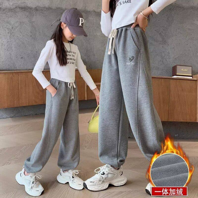 冬季女童加绒裤子春秋新款中大童长裤儿童运动卫裤黑色灰休闲