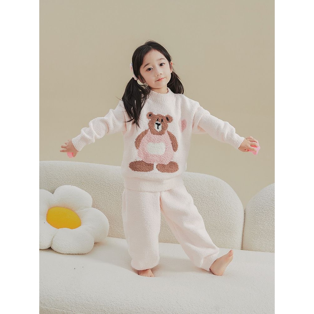秋冬新款胖熊女童宝宝暖家居服中小儿童睡衣套装珊瑚绒半边绒绵绵