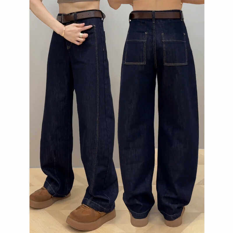大码弯刀牛仔裤女显瘦香蕉裤窄版阔腿裤百搭胖mm宽松镰刀拖地长裤