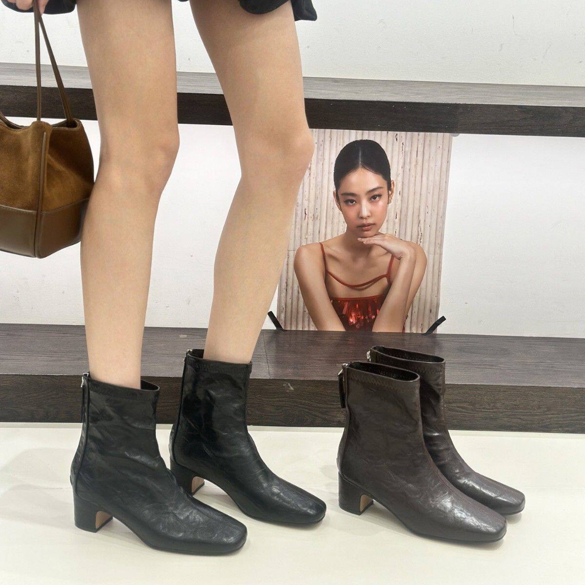 法式复古瘦瘦靴中跟粗跟短靴女25秋冬新款后拉链时装靴潮女靴滨莉