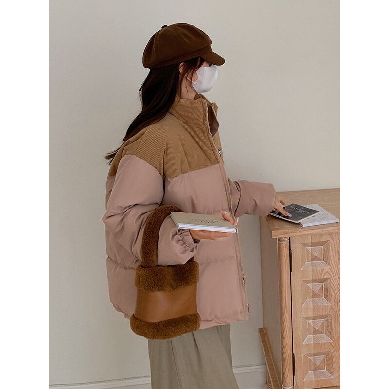 灯芯绒拼接立领棉服女秋冬新款韩版休闲百搭宽松加厚保暖面包服潮