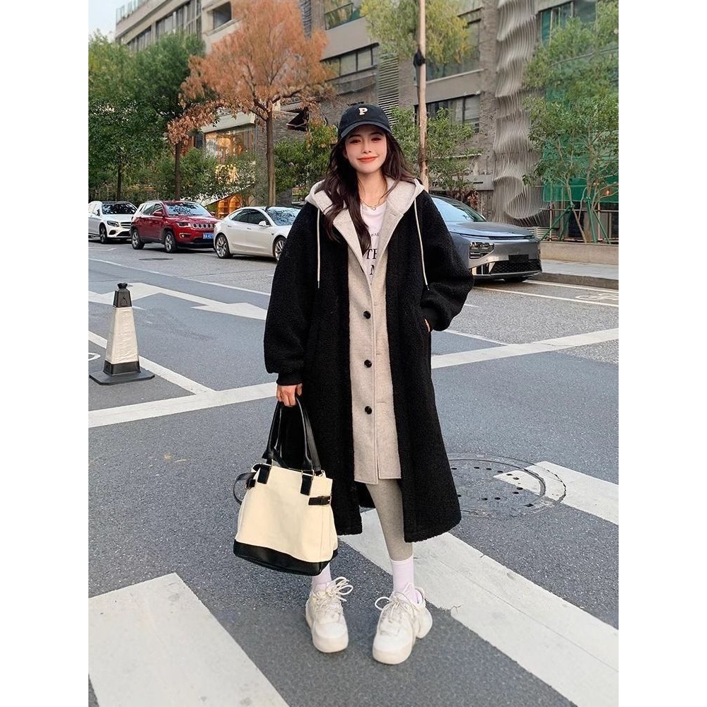 秋冬新款长款连帽仿羊羔毛外套女宽松卫衣韩系假两件大衣
