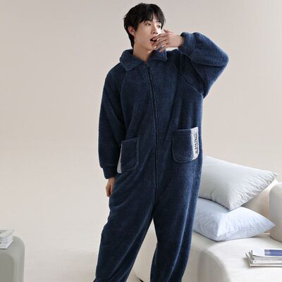 珊瑚绒睡衣男冬季一体式加厚加绒纯色法兰绒连体成人青少年家居服
