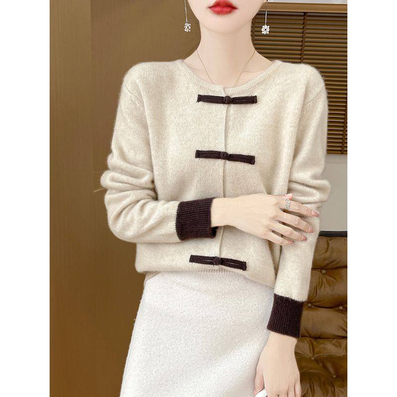 圆领盘扣复古中式毛衣外套24秋冬新款针织打底衫100纯羊毛开衫女,女装/女士精品,毛衣,淘宝优惠券,粉丝福利购,淘宝优惠卷