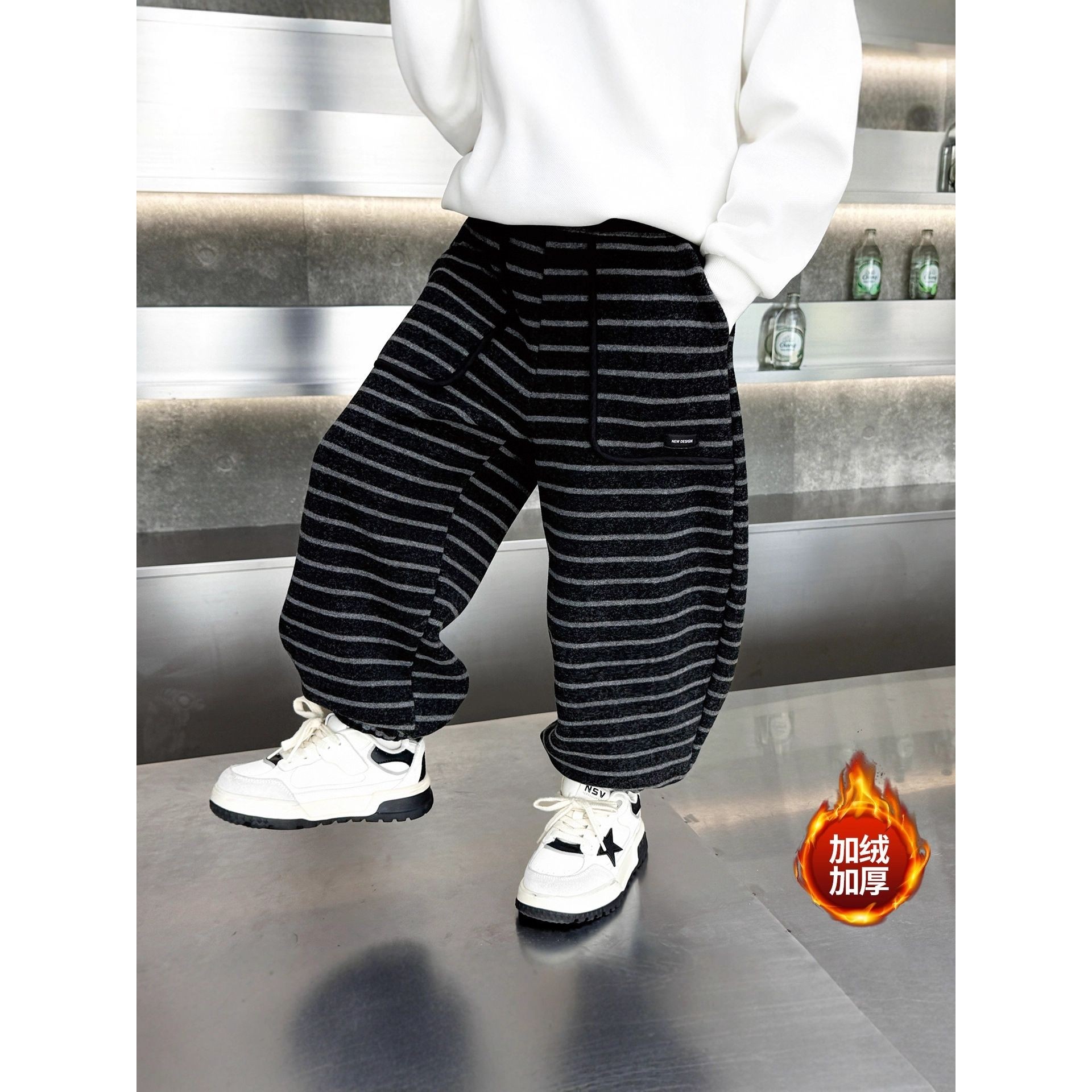 男童条纹毛呢加绒裤子秋冬款新款儿童一体绒卫裤洋气加厚休闲长裤,童装/婴儿装/亲子装,儿童运动裤,淘宝优惠券,粉丝福利购,淘宝优惠卷