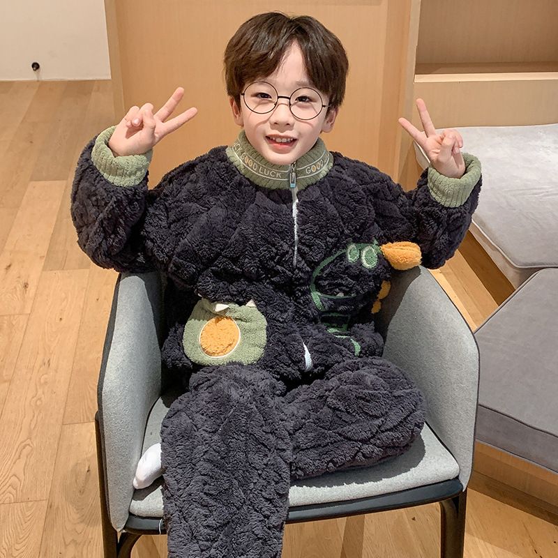 儿童睡衣男童冬季珊瑚绒加厚款棉袄加绒法兰绒男孩三层夹棉家居服