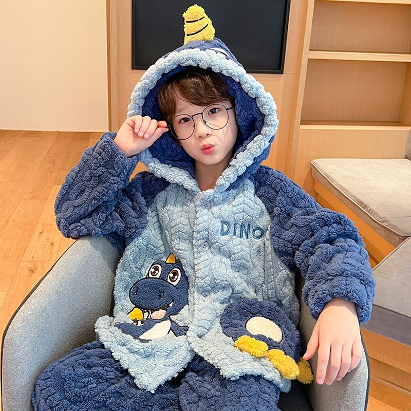 儿童睡衣2025新款秋冬季珊瑚绒套装男孩加绒加厚法兰绒连帽家居服