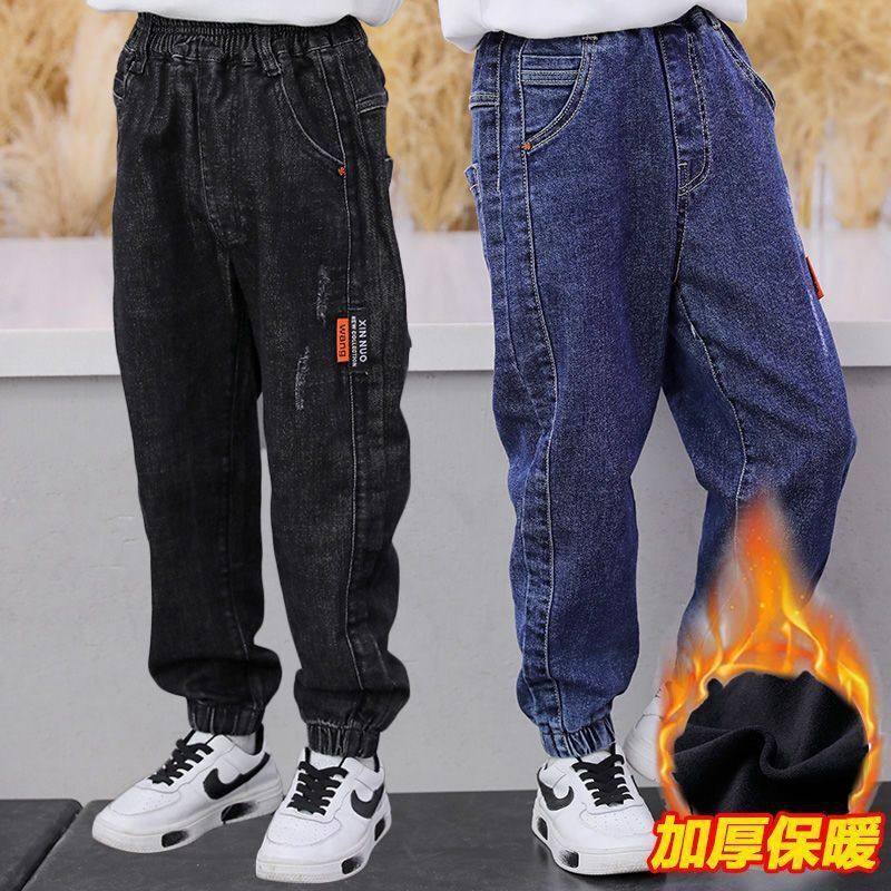 男童秋冬裤子加绒束脚2025新款一体绒儿童装宽松中大童韩版牛仔裤