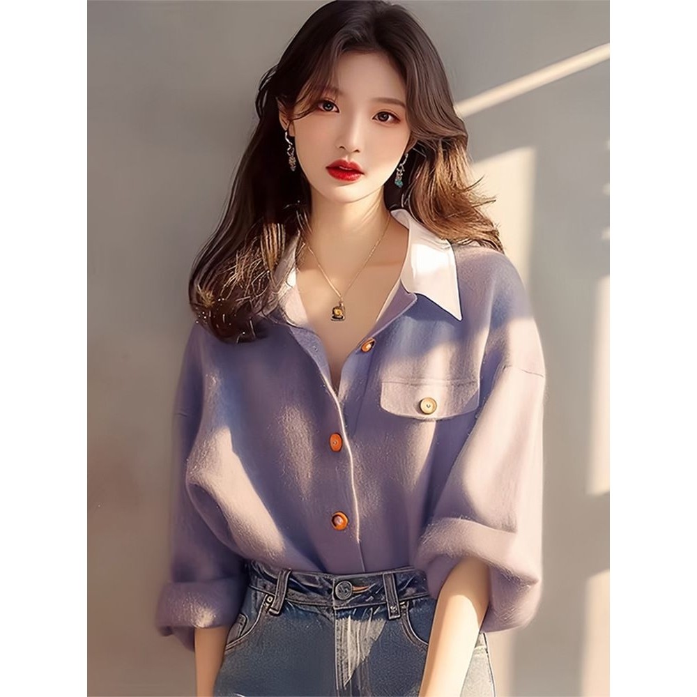 早秋新款毛衣韩系chic风超好看软糯慵懒风紫色翻领外搭上衣女,女装/女士精品,衬衫,淘宝优惠券,粉丝福利购,淘宝优惠卷